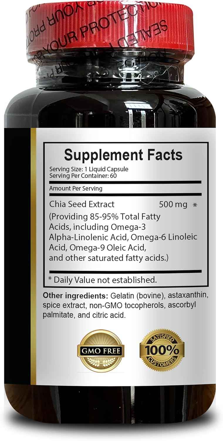 CHIA Seed Supplement - High Fiber and Protein with Omega-3 Supplement, chia Seed Vitamin, Vegan chia Seed Oil, chia Seed Oil softgels - 1 Bottle