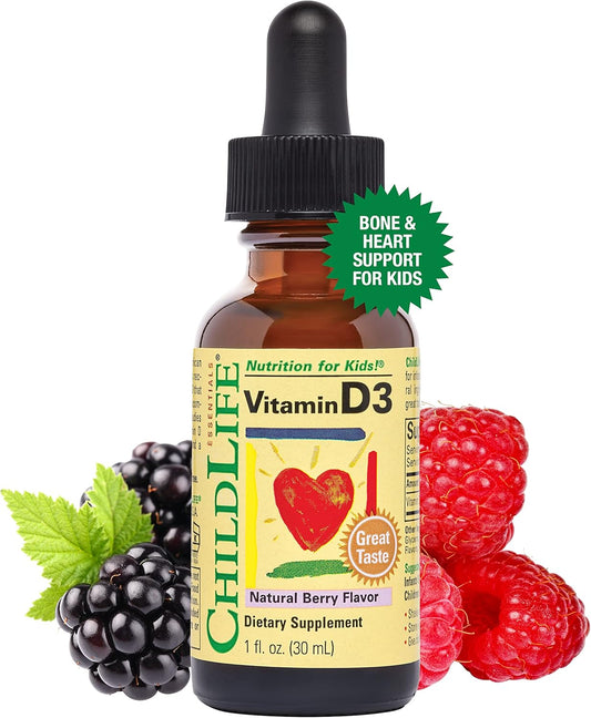 ChildLife Essentials Vitamin D3 Drops - Berry Flavored Supplement for Kids, Immune & Bone Health Support, Non-GMO, All-Natural, 500 IU (12.5 mg), 1 oz