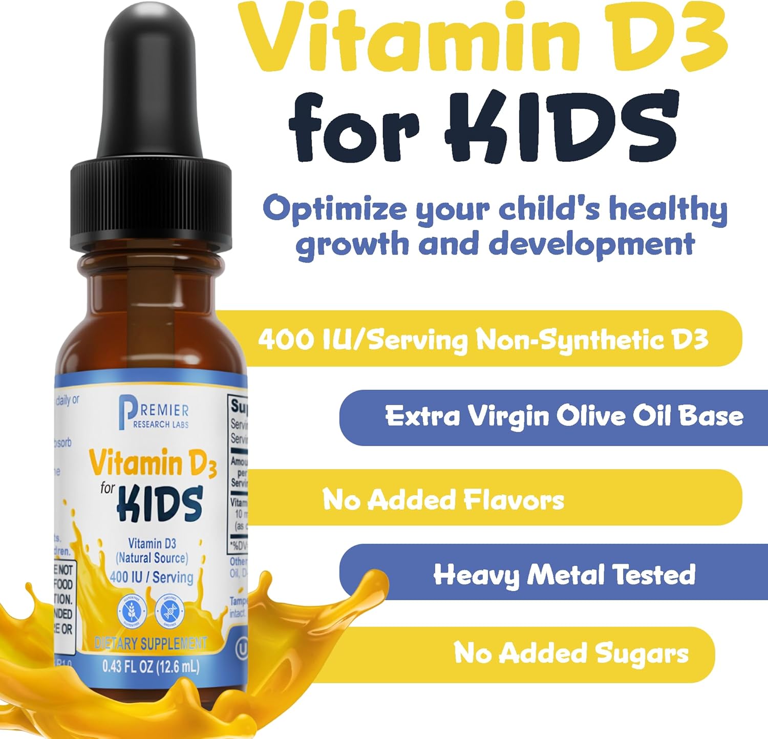 Children's Liquid Vitamin D3 Drops - 400 IU Per Serving - Supports Brain Development - 0.43 fl oz