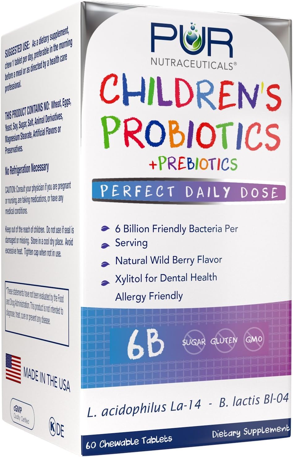 Children's Probiotics + Prebiotics Chewable Tablets - 60 Count - 6 Billion CFUs - 2 Month Supply - Sunfiber® & FOS for Enhanced Effectiveness - All Natural - Made in USA