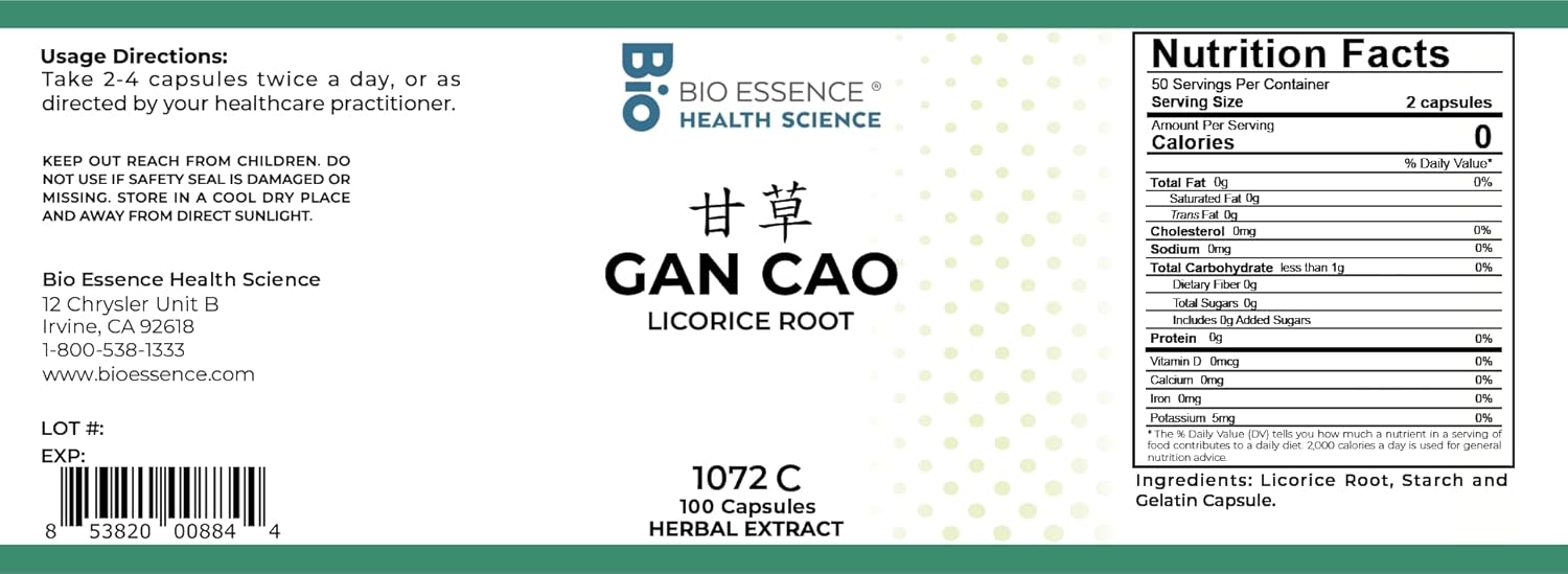 Chinese Licorice Capsules - Bio Essence Health Science 1072C Gan Cao, 100 Capsules (2 Bottles)