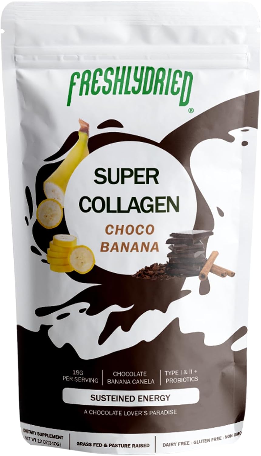 Chocolate Banana Flavored Grass-Fed Collagen Peptides Powder with Probiotics - Supports Hair, Skin, Nails, Bones & Joints - Type I & III - 10 Servings, 6 oz