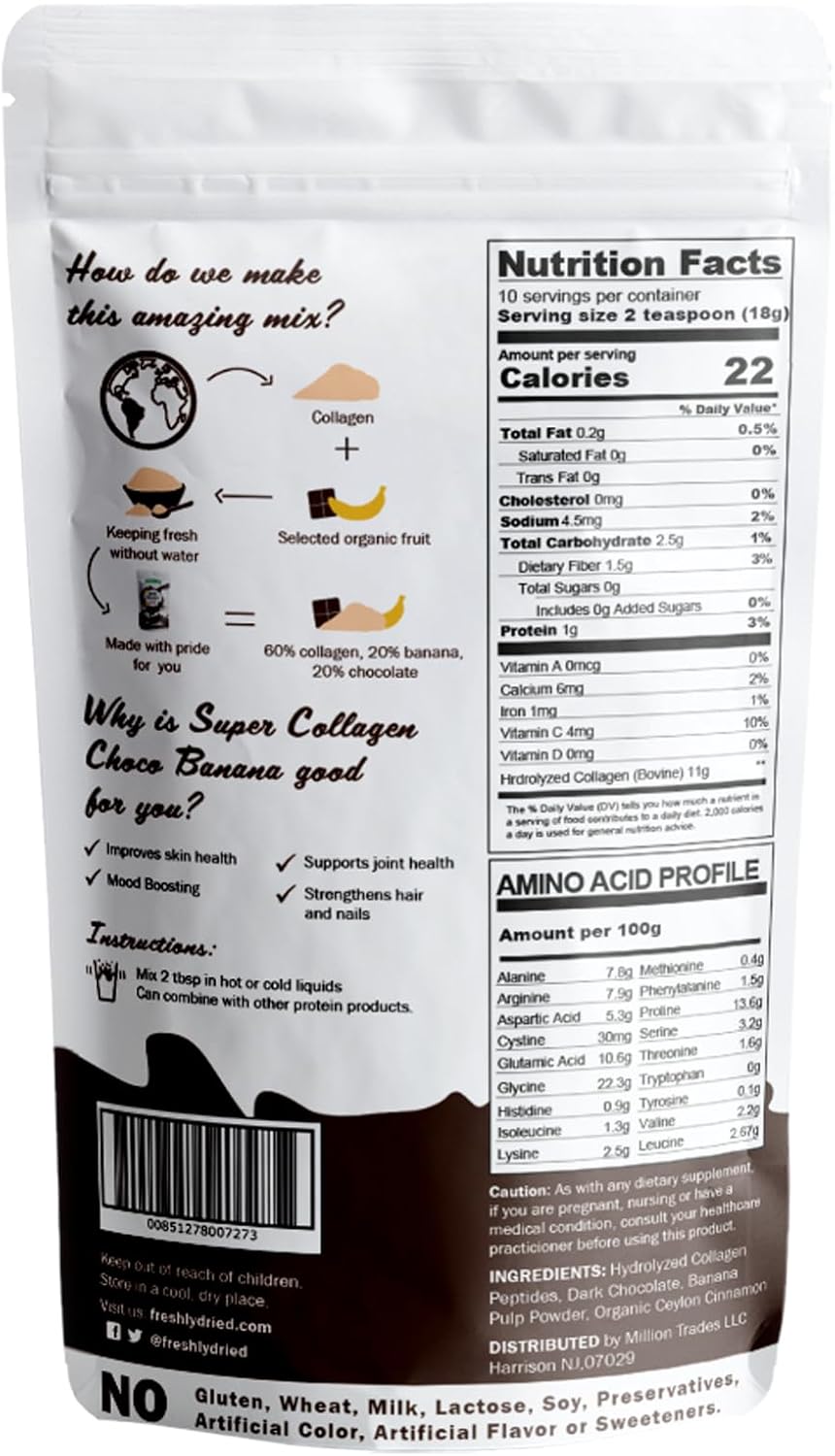 Chocolate Banana Flavored Grass-Fed Collagen Peptides Powder with Probiotics - Supports Hair, Skin, Nails, Bones & Joints - Type I & III - 10 Servings, 6 oz