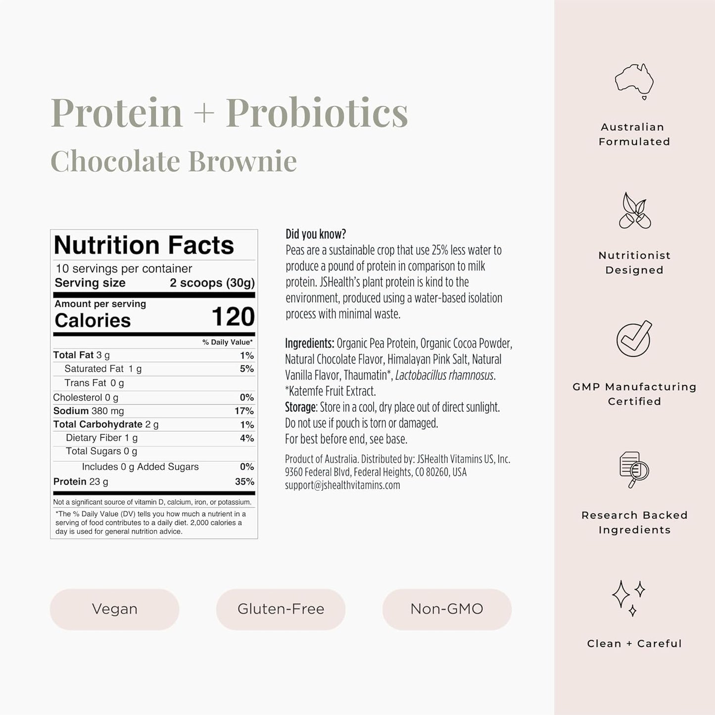 Chocolate Brownie Flavored Vegan Pea Protein Powder with Probiotics - 300g, Plant Based, Gluten Free & Non GMO