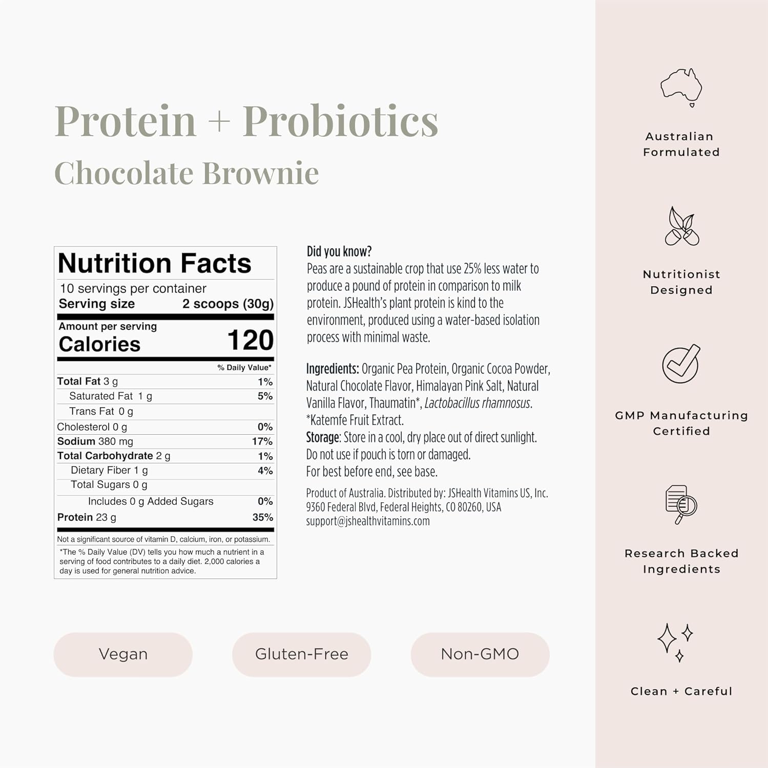 Chocolate Brownie Flavored Vegan Pea Protein Powder with Probiotics - 300g, Plant Based, Gluten Free & Non GMO