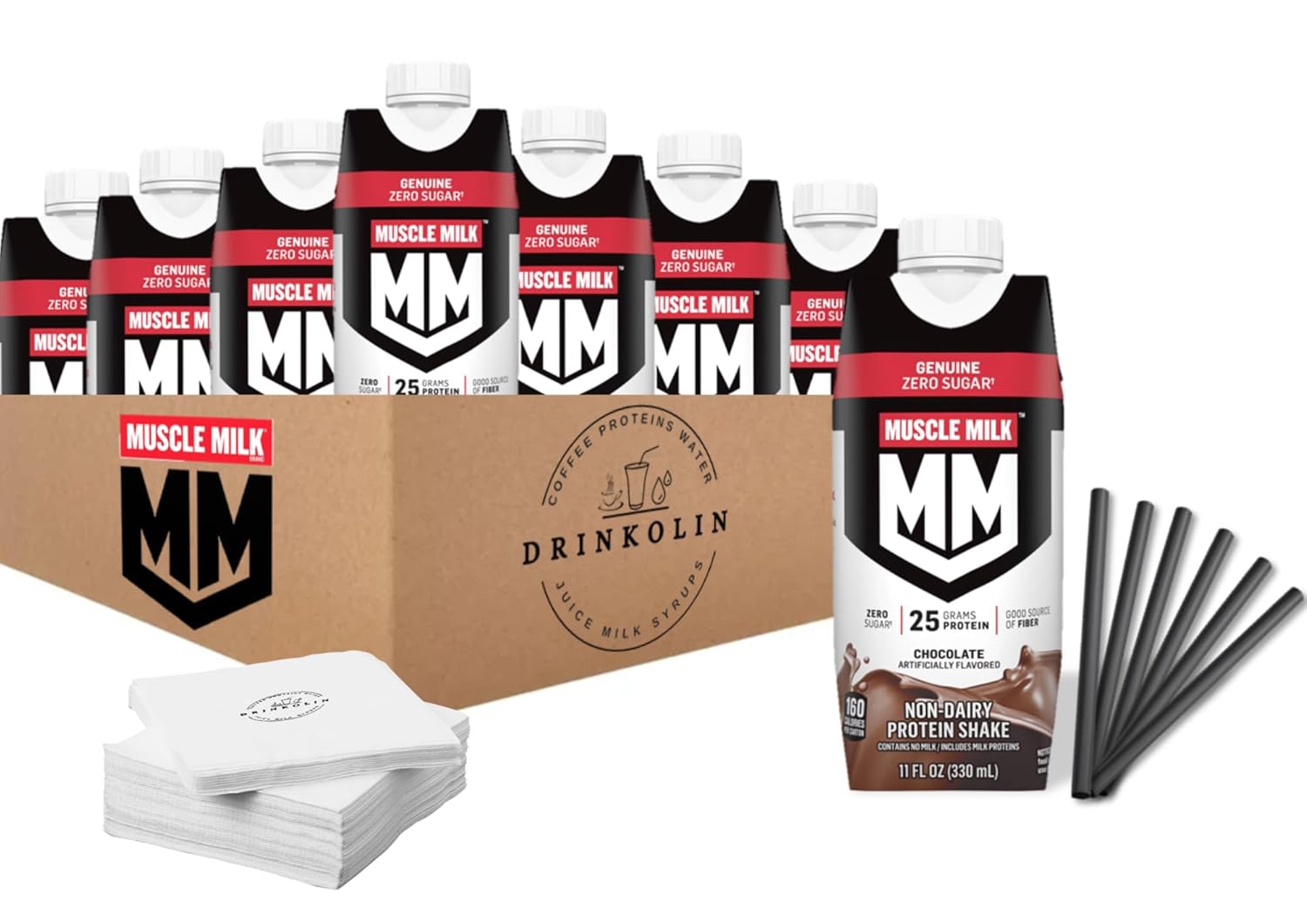 Chocolate Muscle Milk Protein Shake with 25g Protein, Zero Sugar, Vitamins, Fiber - 8 Pack of 11 Fl Oz Genuine Protein Shakes