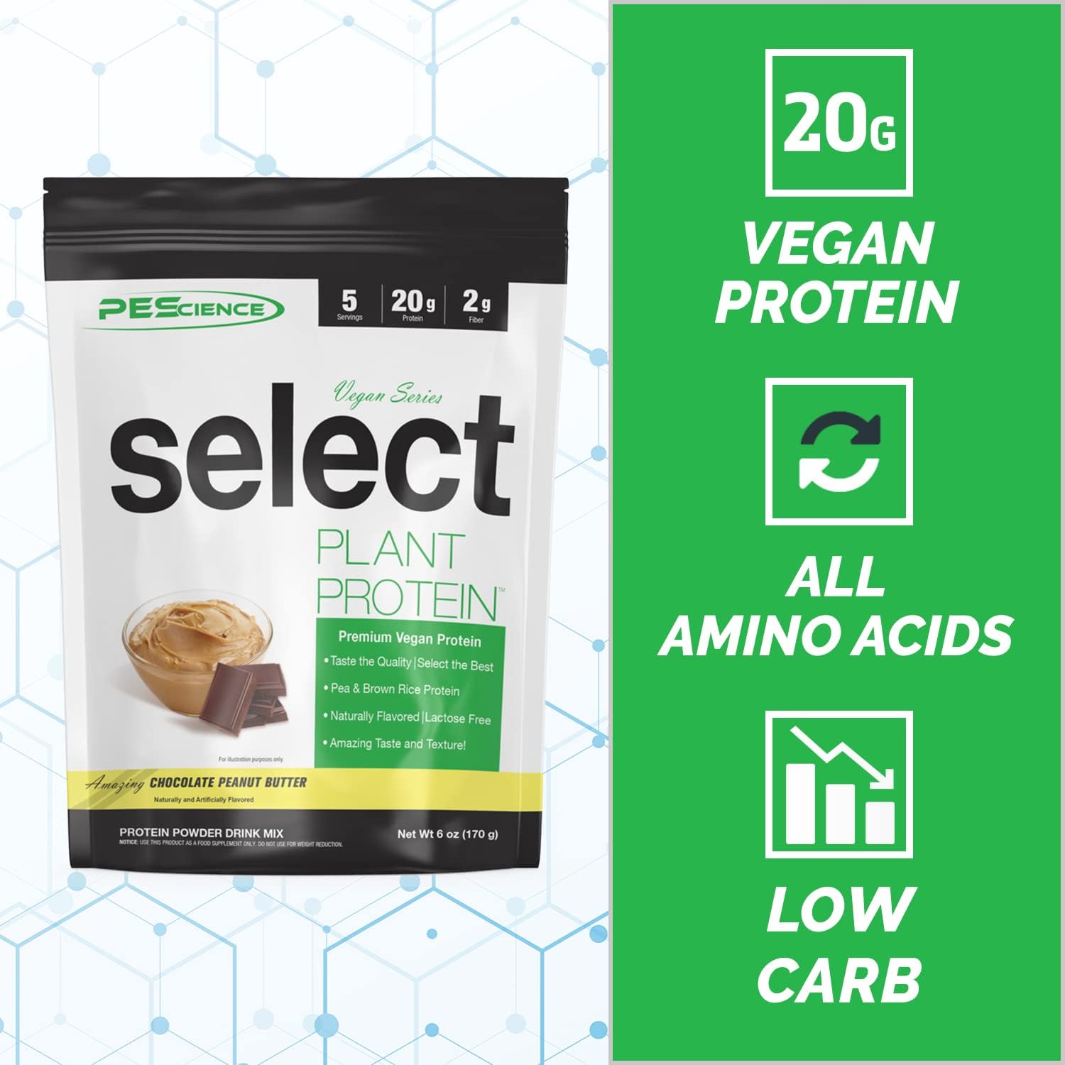 Chocolate Peanut Butter PEScience Select Vegan Plant Based Protein Powder - 5 Servings, Pea & Brown Rice Blend