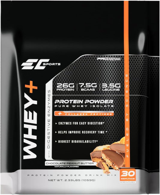 Chocolate Peanut Butter Whey+ Protein Powder with Digestive Enzymes and Collagen Peptides - Isolate Supplement for Swift Muscle Recovery - 30 Servings