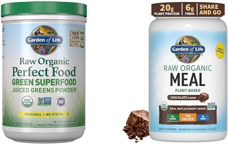 Chocolate Plant Based Vegan Protein Powder with Probiotics & Digestive Enzymes - Garden of Life Super Greens Meal Replacement Shake