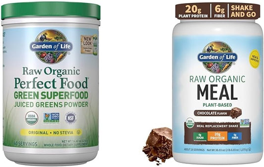 Chocolate Plant Based Vegan Protein Powder with Probiotics & Digestive Enzymes - Garden of Life Super Greens Meal Replacement Shake