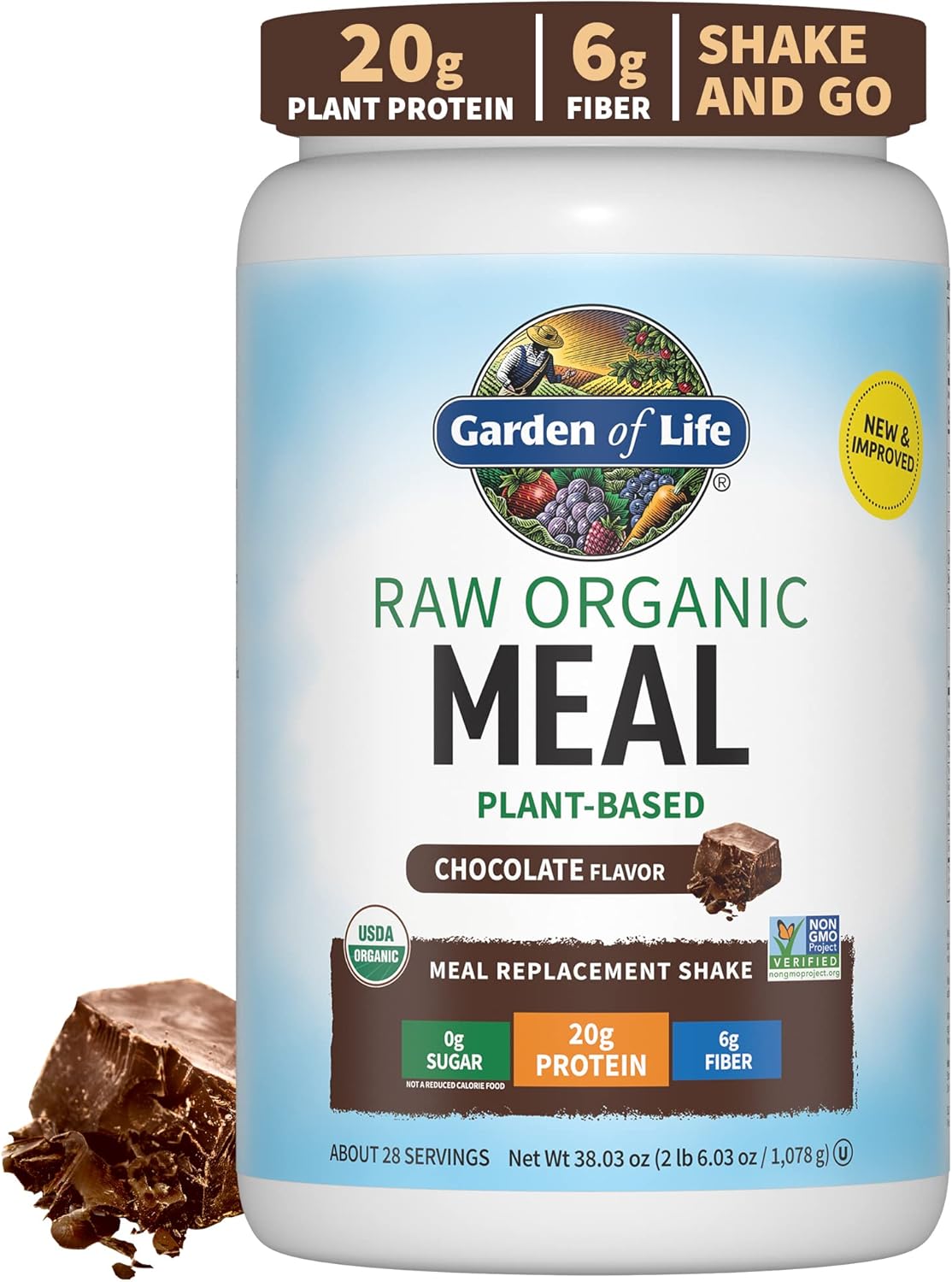 Chocolate Plant Based Vegan Protein Powder with Probiotics & Digestive Enzymes - Garden of Life Super Greens Meal Replacement Shake