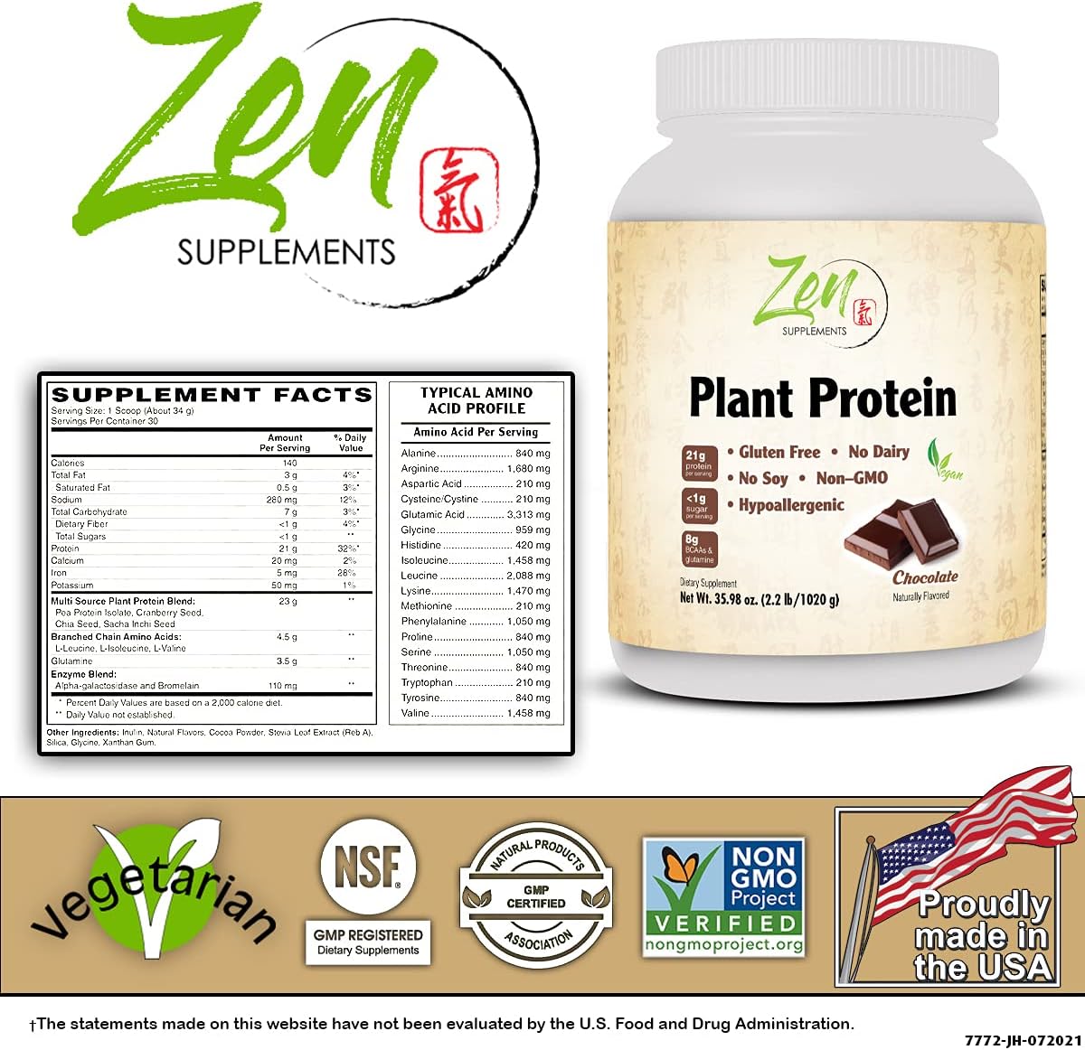 Chocolate Plant Protein Powder - 23g Protein Per Serving, Vegan, Low Net Carbs, Gluten Free - 2.2LB Vegan Protein Powder