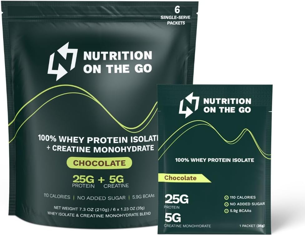 Chocolate Whey Protein Powder with Creatine - 25g Protein, 5g Creatine Single-Serve Packets - On-the-Go Nutrition - Gluten-Free, No Added Sugar - 6-Pack
