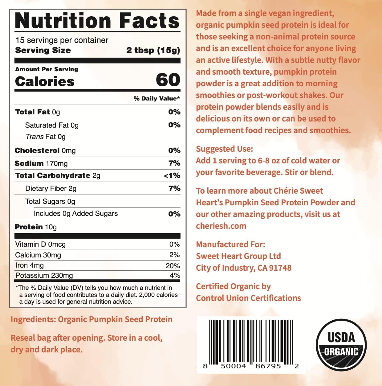 Chérie Sweet Heart Pumpkin Seed Protein Powder - 8 oz, Non-GMO, Dairy-Free, Keto, Gluten-Free, Soy-Free, Plant-Based Protein