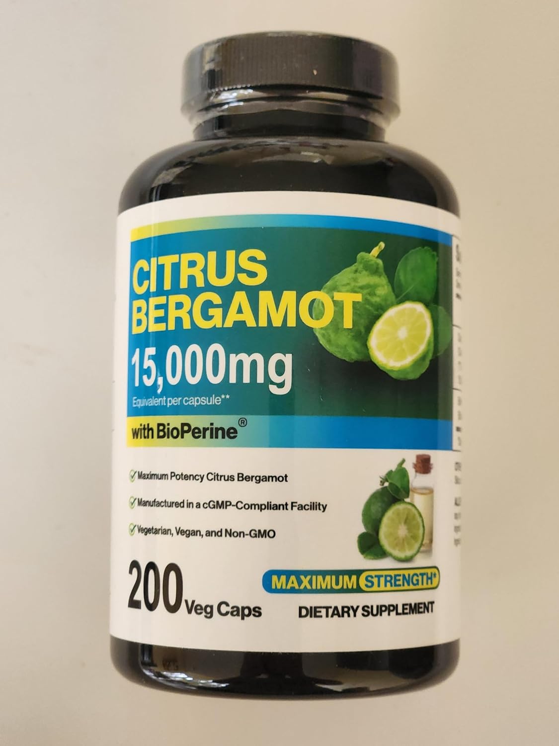Citrus Bergamot Supplement with BioPerine - 15,000mg, 200 Capsules - Vegetarian Formula for Nutritional Support