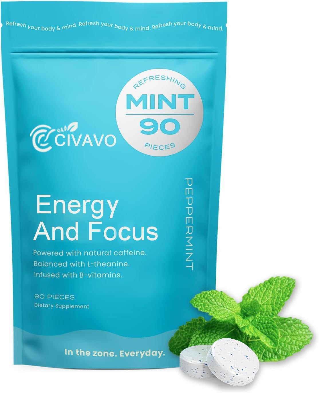 Civavo Energy Caffeine Mints: Nootropic Supplement for Energy Boost and Focus with L-Theanine, Vitamin B12 & B6
