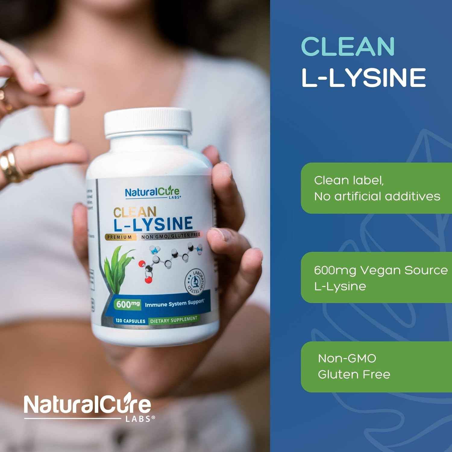 Clean L-Lysine 600mg, 120 Capsules | Vegan, Non-GMO, & Gluten Free