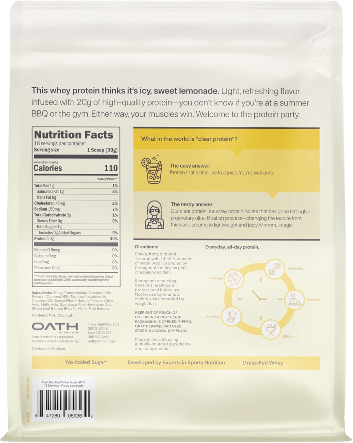 Clear Whey Protein Powder by Yaco OATH Nutrition - Frosty Lemonade Flavor - 18 Servings