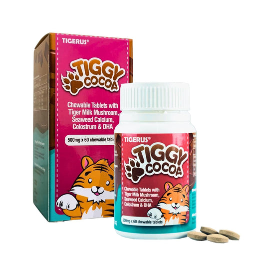 Cocoa Chewable Tablets with Tiger Milk Mushroom for Energy & Wellness - 60 Tablets for Kids & Adults