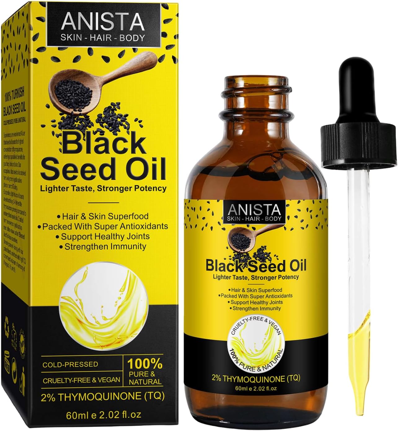 Cold Pressed Black Seed Oil Liquid - 100% Virgin for Hair Growth & Skin, Rich in Omega 3 6 9, Antioxidants, Joint & Digestive Support - Nigella Sativa Extract (Black Seed)