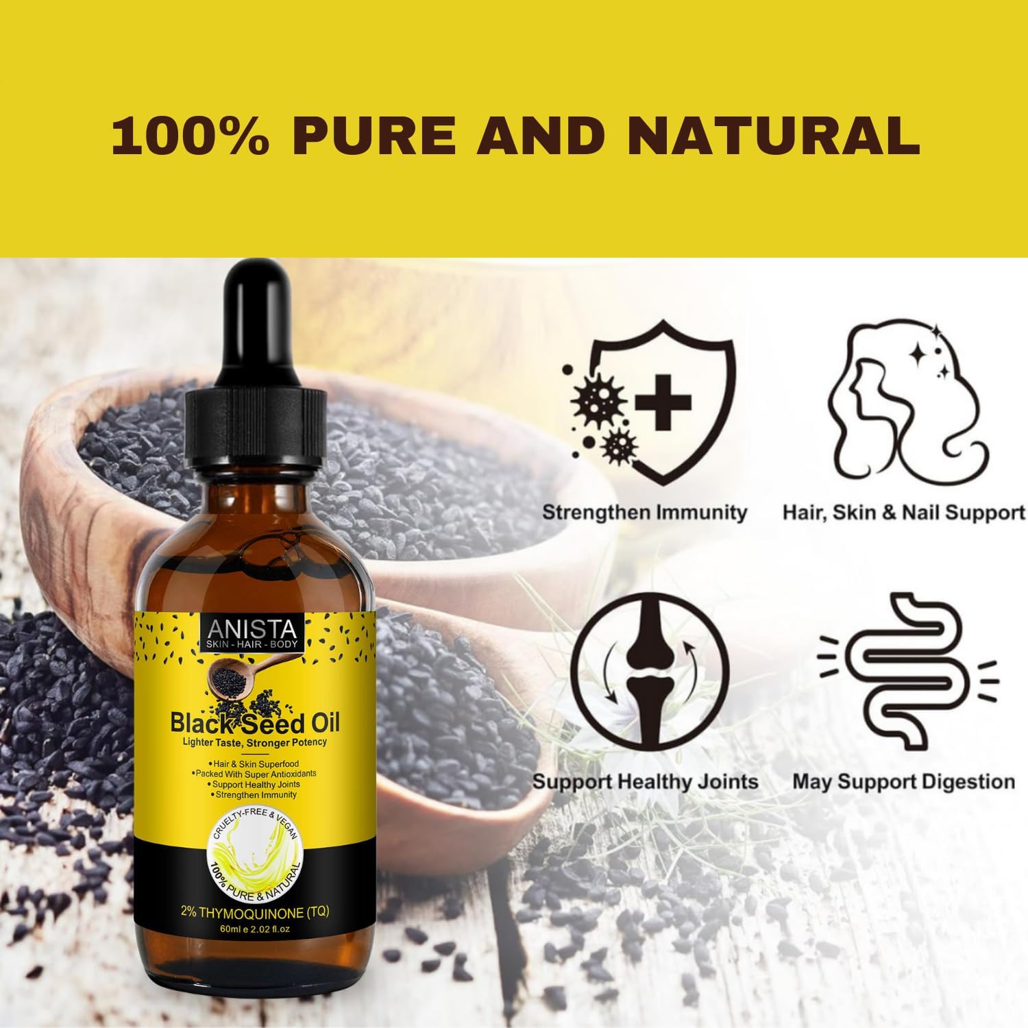 Cold Pressed Black Seed Oil Liquid - 100% Virgin for Hair Growth & Skin, Rich in Omega 3 6 9, Antioxidants, Joint & Digestive Support - Nigella Sativa Extract (Black Seed)