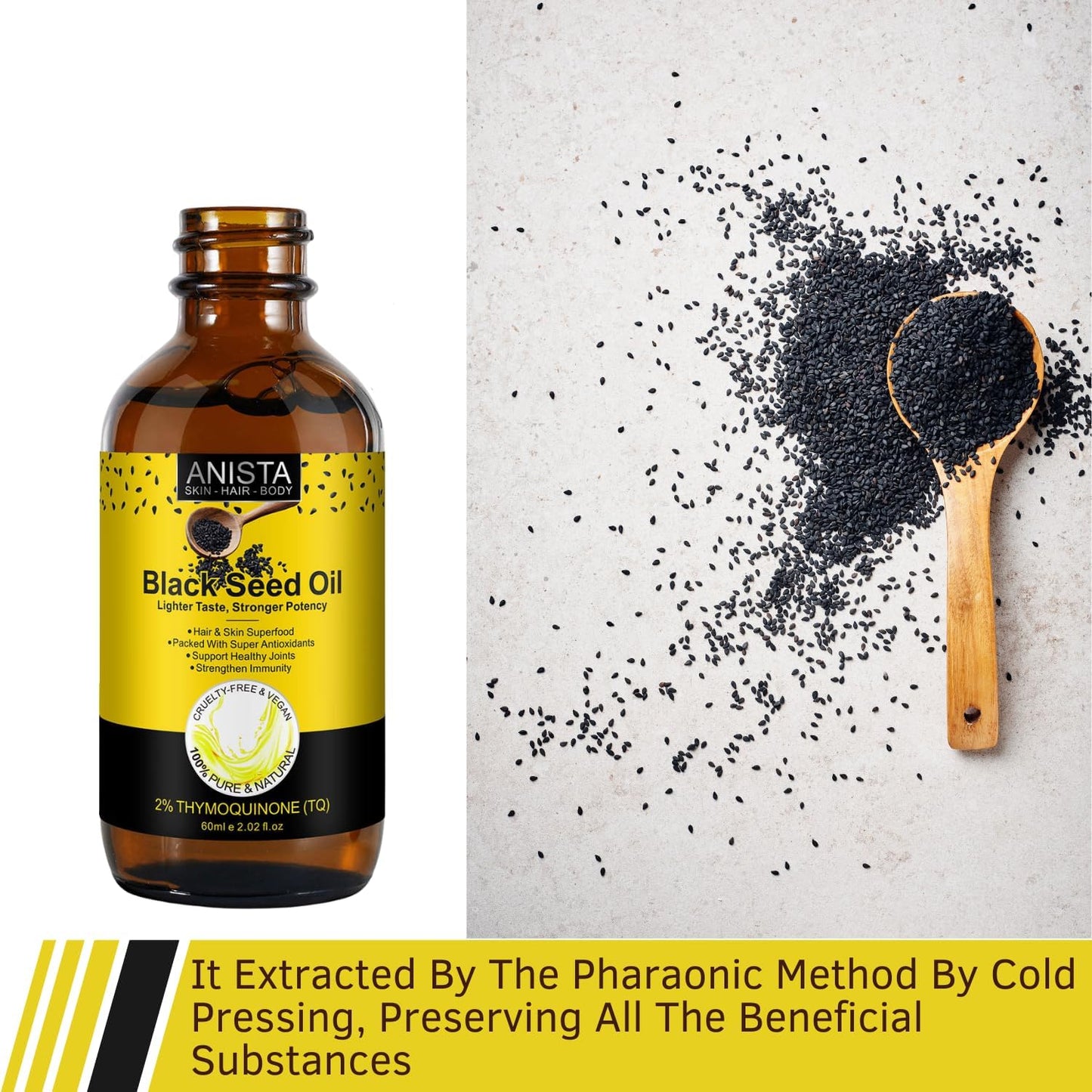 Cold Pressed Black Seed Oil Liquid - 100% Virgin for Hair Growth & Skin, Rich in Omega 3 6 9, Antioxidants, Joint & Digestive Support - Nigella Sativa Extract (Black Seed)