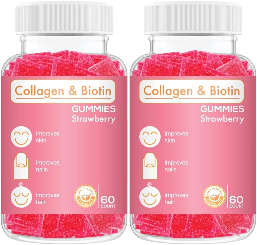 Collagen Biotin Gummies for Hair, Skin, and Nails Growth - Vegan Anti Aging Vitamins with Strawberry Flavor - 120 Count
