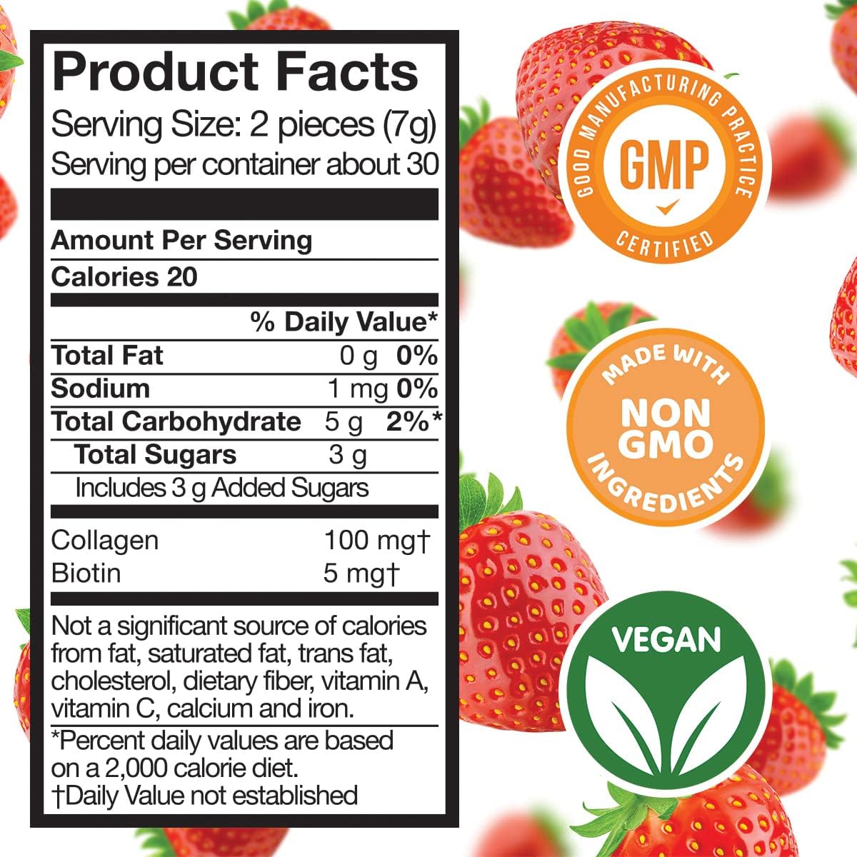 Collagen Biotin Gummies for Hair, Skin, and Nails Growth - Vegan Anti Aging Vitamins with Strawberry Flavor - 120 Count