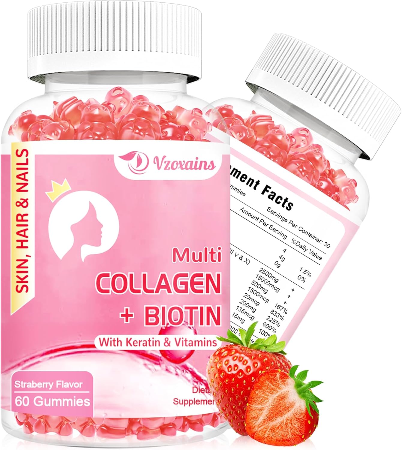 Collagen Gummies with Biotin, Keratin, Vitamin C for Skin, Hair, Nails, Joints - Sugar Free, 120ct - 60 Day Supply for Women and Men