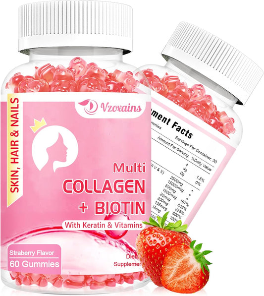 Collagen Gummies with Biotin, Keratin, Vitamin C for Skin, Hair, Nails, Joints - Sugar Free, 120ct - 60 Day Supply for Women and Men