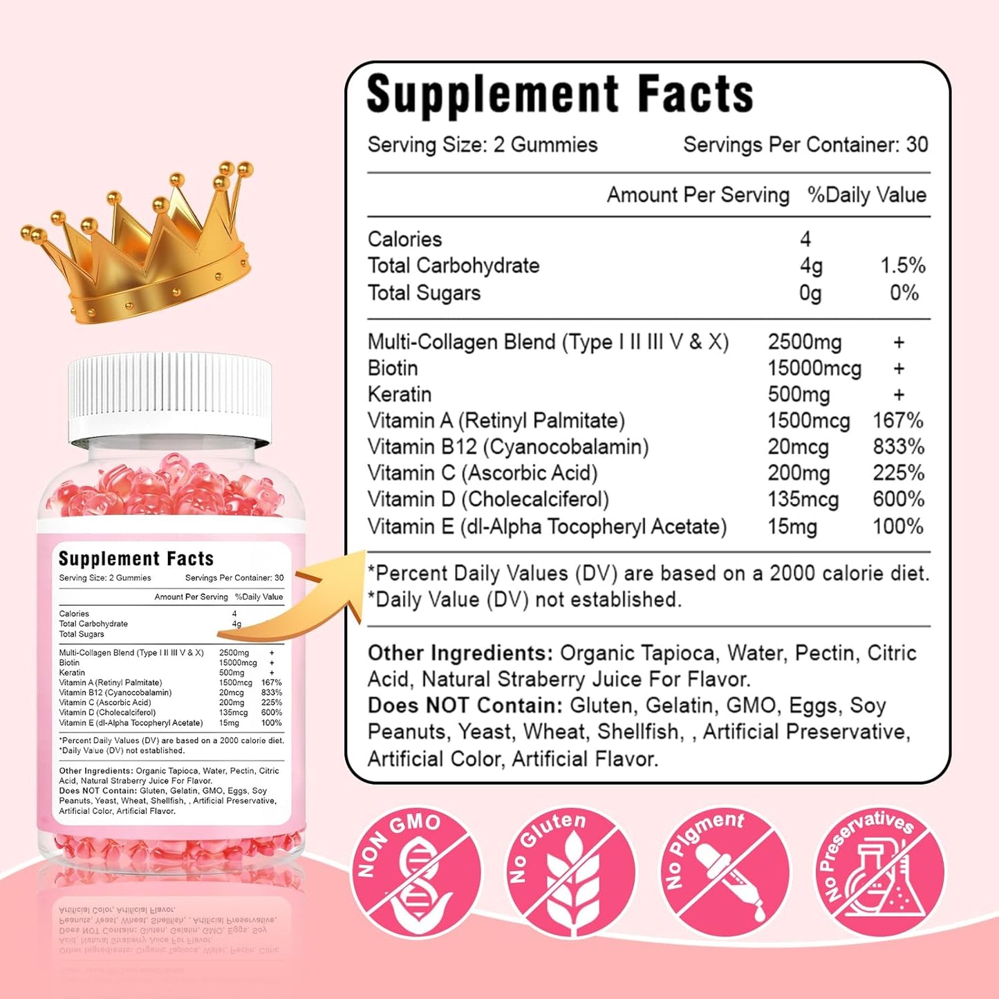 Collagen Gummies with Biotin, Keratin, Vitamin C for Skin, Hair, Nails, Joints - Sugar Free, 120ct - 60 Day Supply for Women and Men