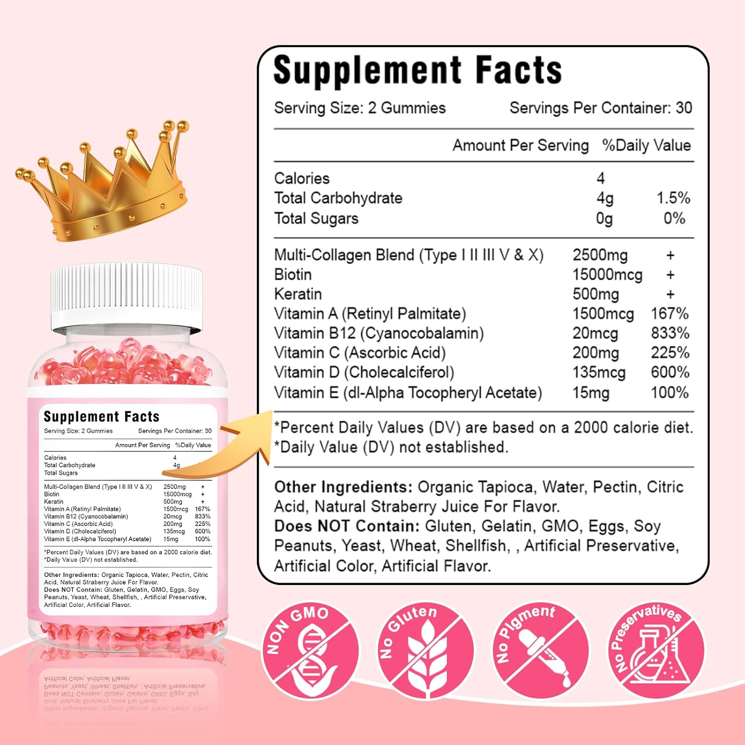 Collagen Gummies with Biotin, Keratin, Vitamin C for Skin, Hair, Nails, Joints - Sugar Free, 120ct - 60 Day Supply for Women and Men