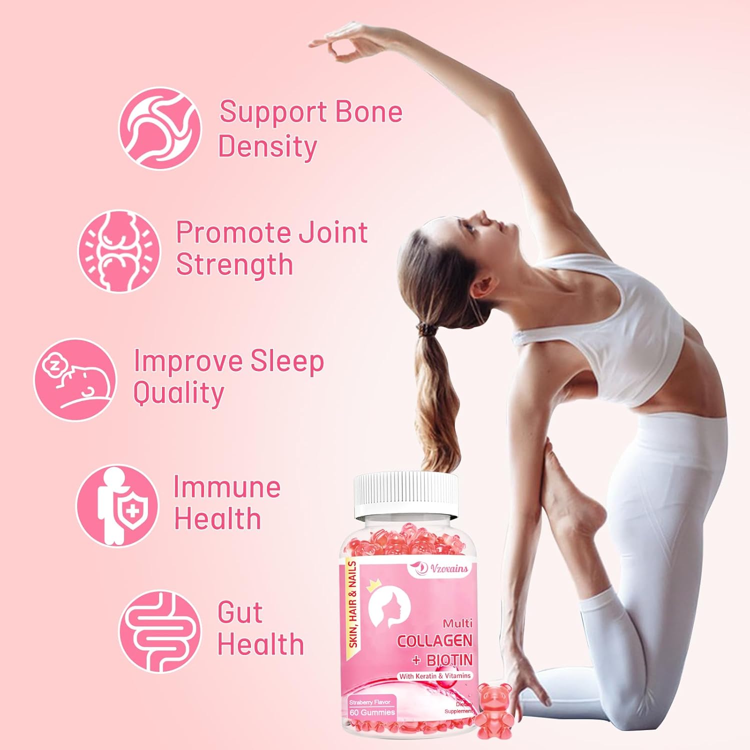 Collagen Gummies with Biotin, Keratin, Vitamin C for Skin, Hair, Nails, Joints - Sugar Free, 120ct - 60 Day Supply for Women and Men
