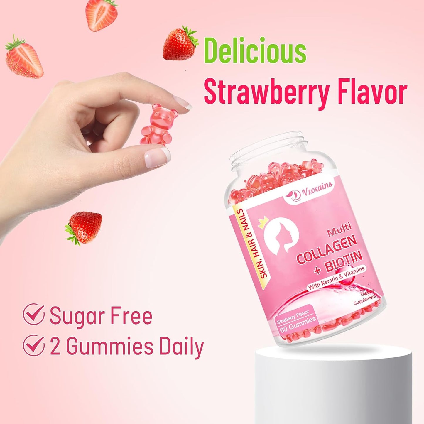 Collagen Gummies with Biotin, Keratin, Vitamin C for Skin, Hair, Nails, Joints - Sugar Free, 120ct - 60 Day Supply for Women and Men