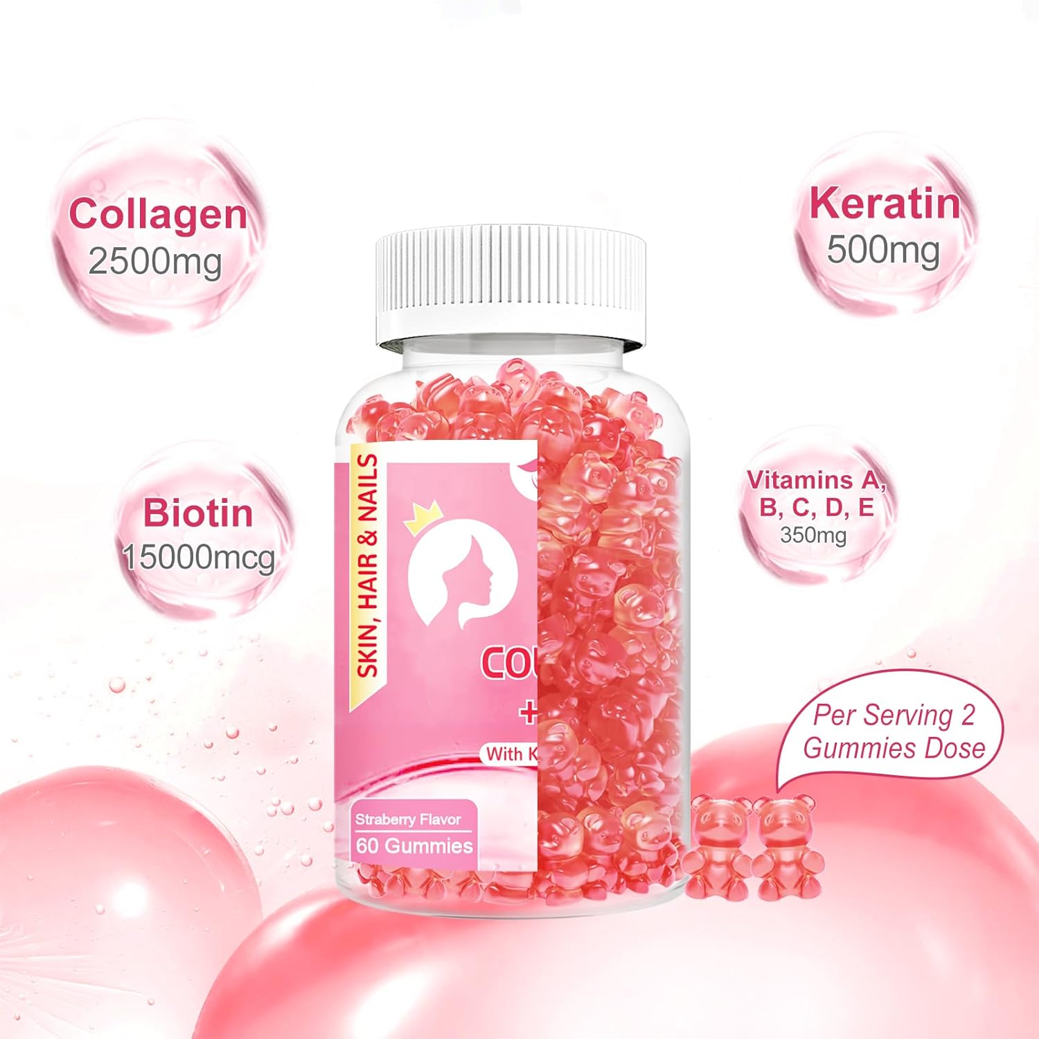 Collagen Gummies with Biotin, Keratin, Vitamin C for Skin, Hair, Nails, Joints - Sugar Free, 120ct - 60 Day Supply for Women and Men