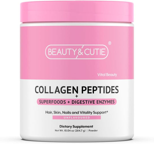 Collagen Peptides Powder with Superfoods and Digestive Enzymes, Grass Fed, Pasture Raised, Hair, Skin, Nails, Immune Support, Unflavored, Gluten Free, 10.04 oz