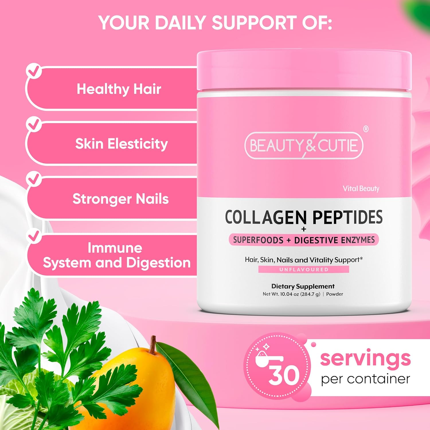 Collagen Peptides Powder with Superfoods and Digestive Enzymes, Grass Fed, Pasture Raised, Hair, Skin, Nails, Immune Support, Unflavored, Gluten Free, 10.04 oz