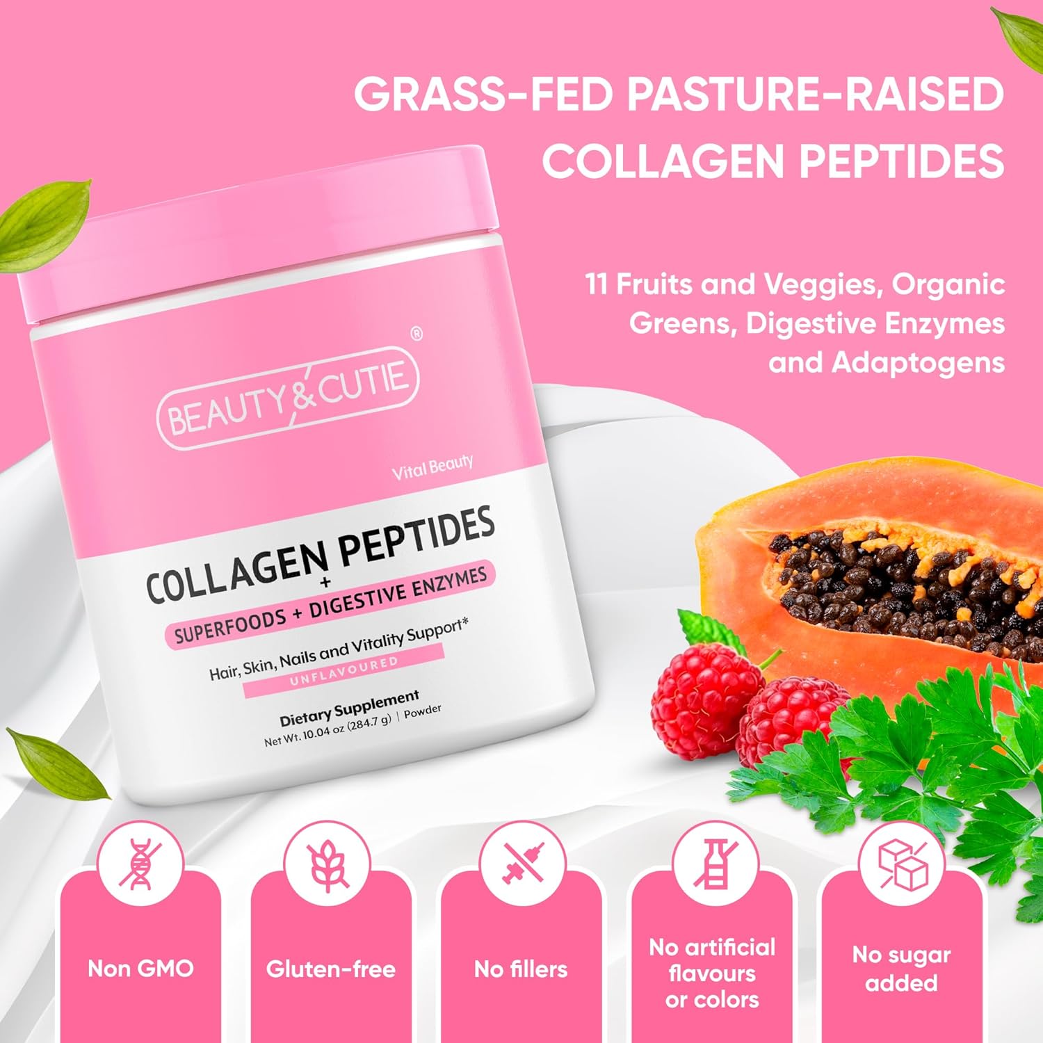Collagen Peptides Powder with Superfoods and Digestive Enzymes, Grass Fed, Pasture Raised, Hair, Skin, Nails, Immune Support, Unflavored, Gluten Free, 10.04 oz