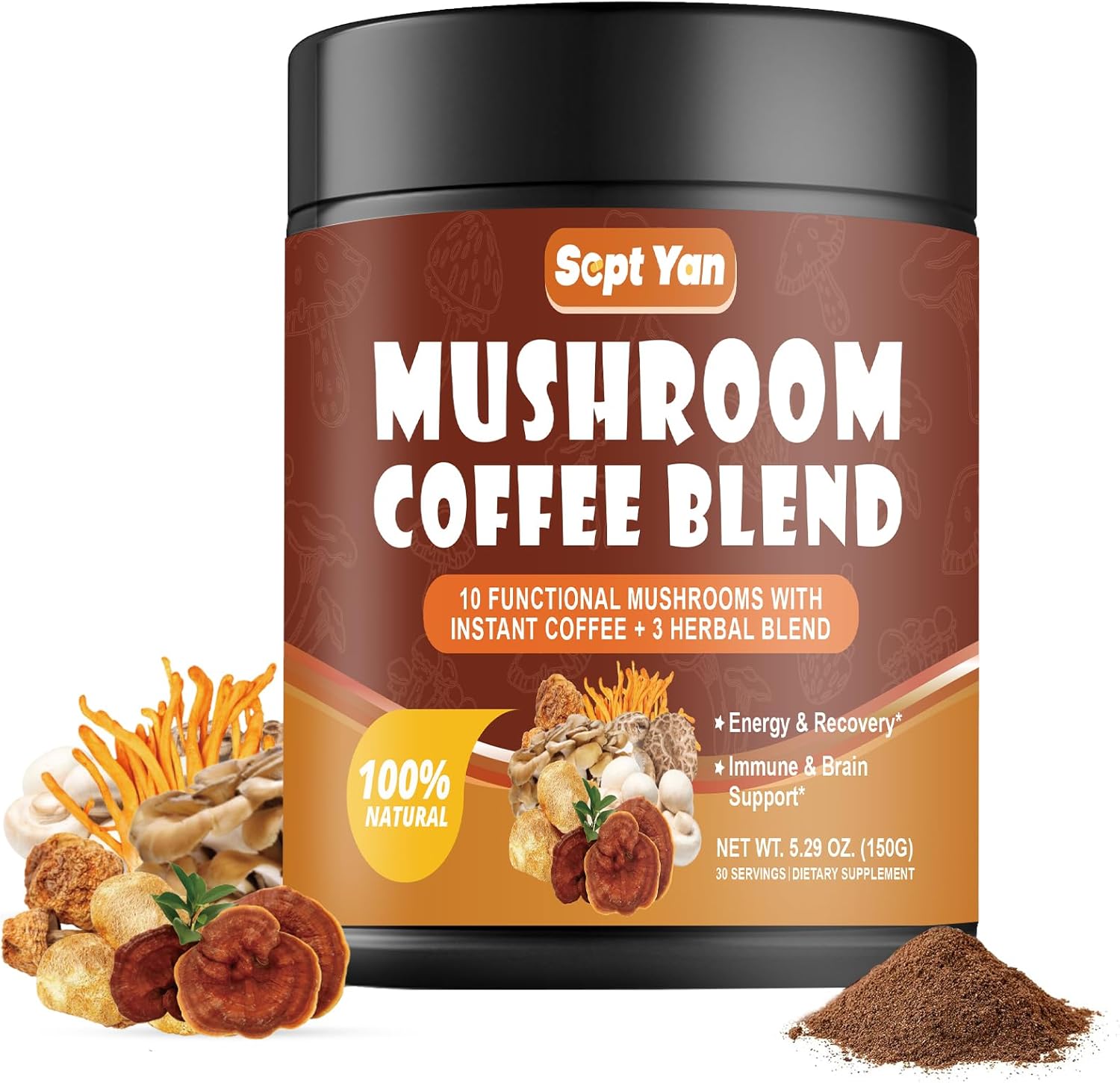 Colombian Instant Mushroom Coffee Powder with 10 Mushrooms - Energy, Focus, and Immune Support Supplement