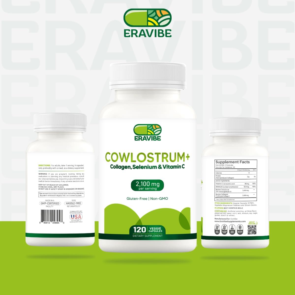 Colostrum Cowlostrum+ Immune Support Supplement with Collagen, Selenium, Vitamin C - 2100mg, 120 Capsules