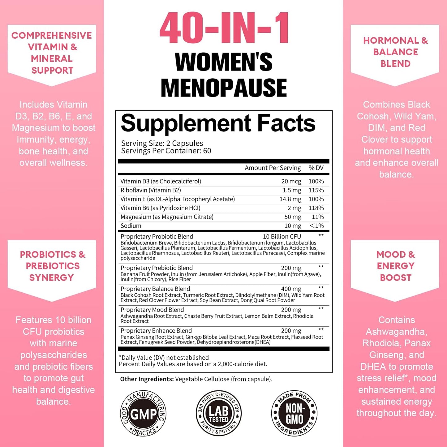 Complete Menopause Support Supplements for Women - Black Cohosh, Ashwangandha, Probiotics - Natural Ingredients, 10 Billion CFU
