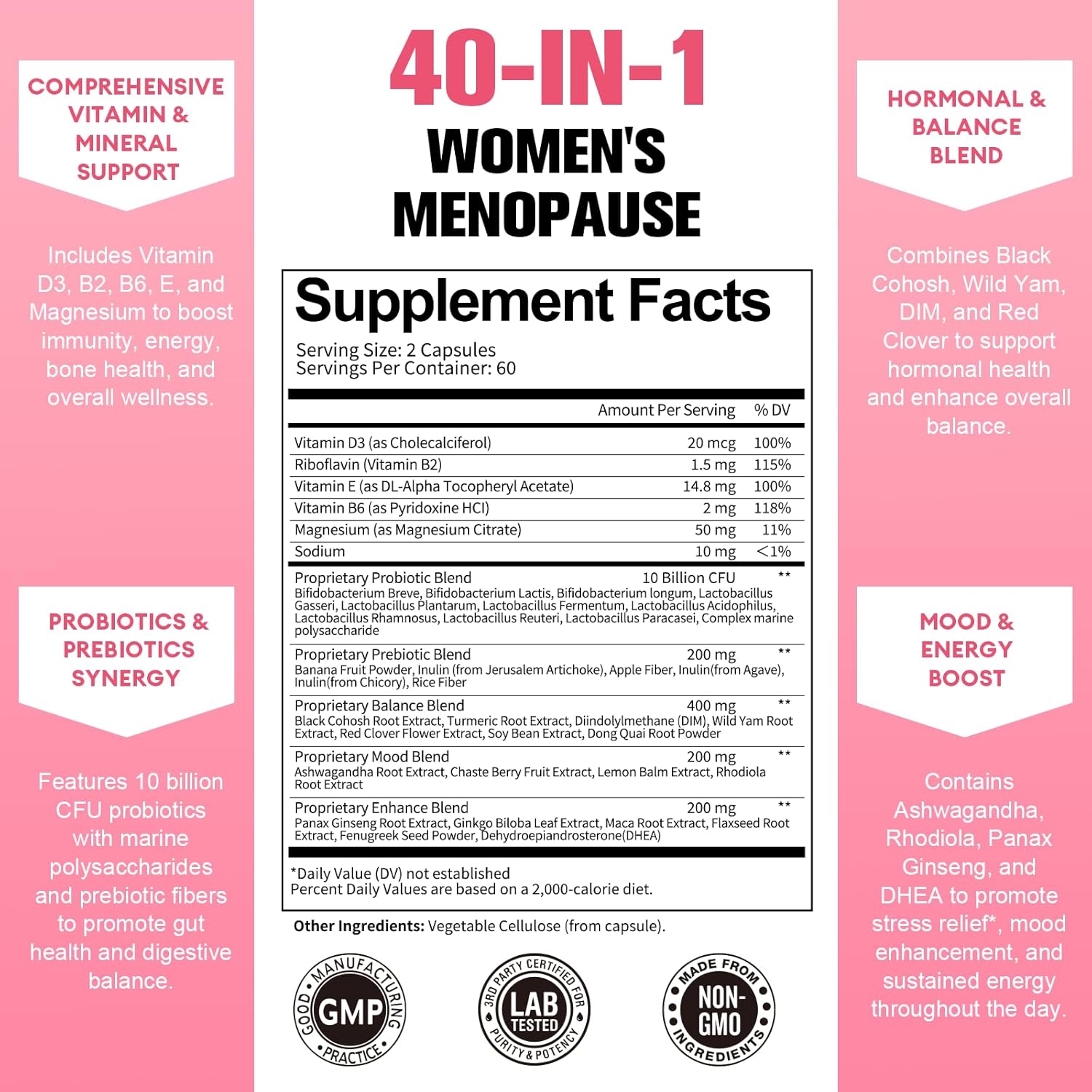 Complete Menopause Support Supplements for Women - Black Cohosh, Ashwangandha, Probiotics - Natural Ingredients, 10 Billion CFU