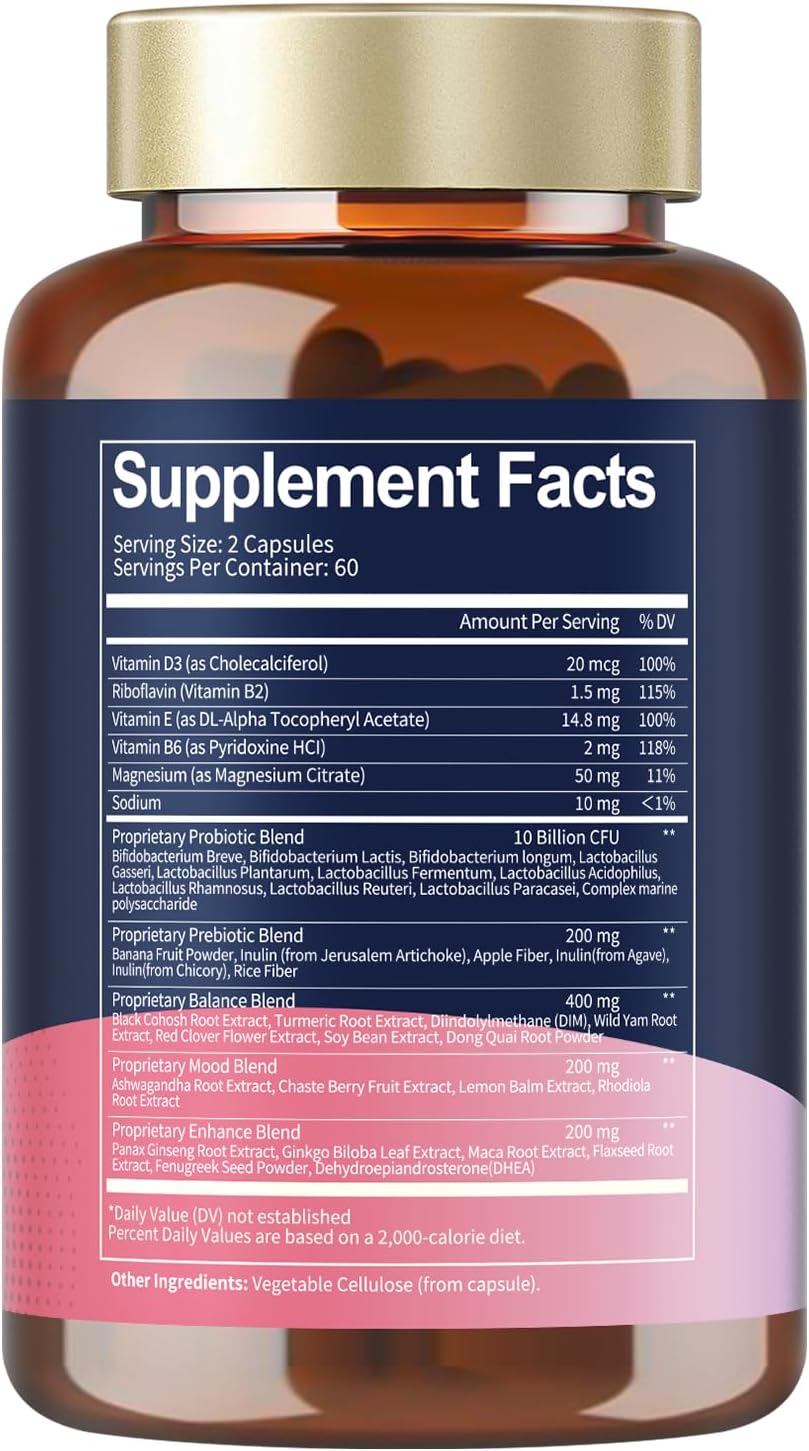 Complete Menopause Support Supplements for Women - Black Cohosh, Ashwangandha, Probiotics - Natural Ingredients, 10 Billion CFU