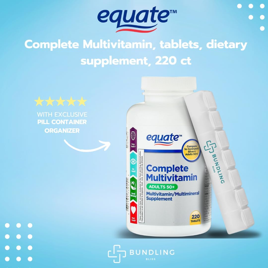 Complete Multivitamin Bundle: Equate Dietary Supplement for Adults - 220 Count with 7 Day Pill Organizer - 1 Pack