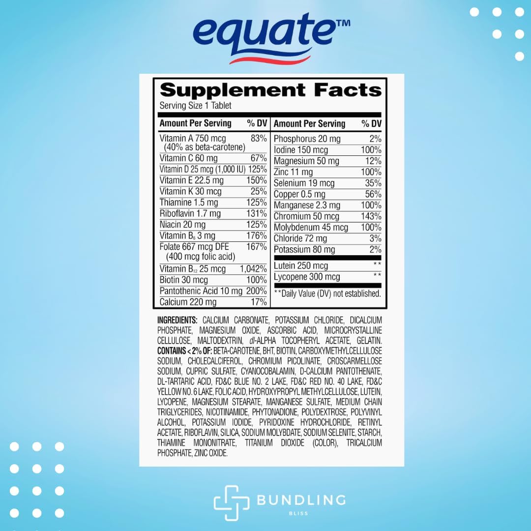 Complete Multivitamin Bundle: Equate Dietary Supplement for Adults - 220 Count with 7 Day Pill Organizer - 1 Pack