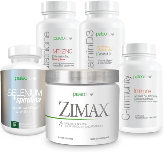 Complete PaleoLife Maximum Defense Supplement Kit: Zimax, Selenium, Spirulina, Glutathione, Zinc, Vitamin D3, C-Imm - 5 Premium Supplements & Vitamins