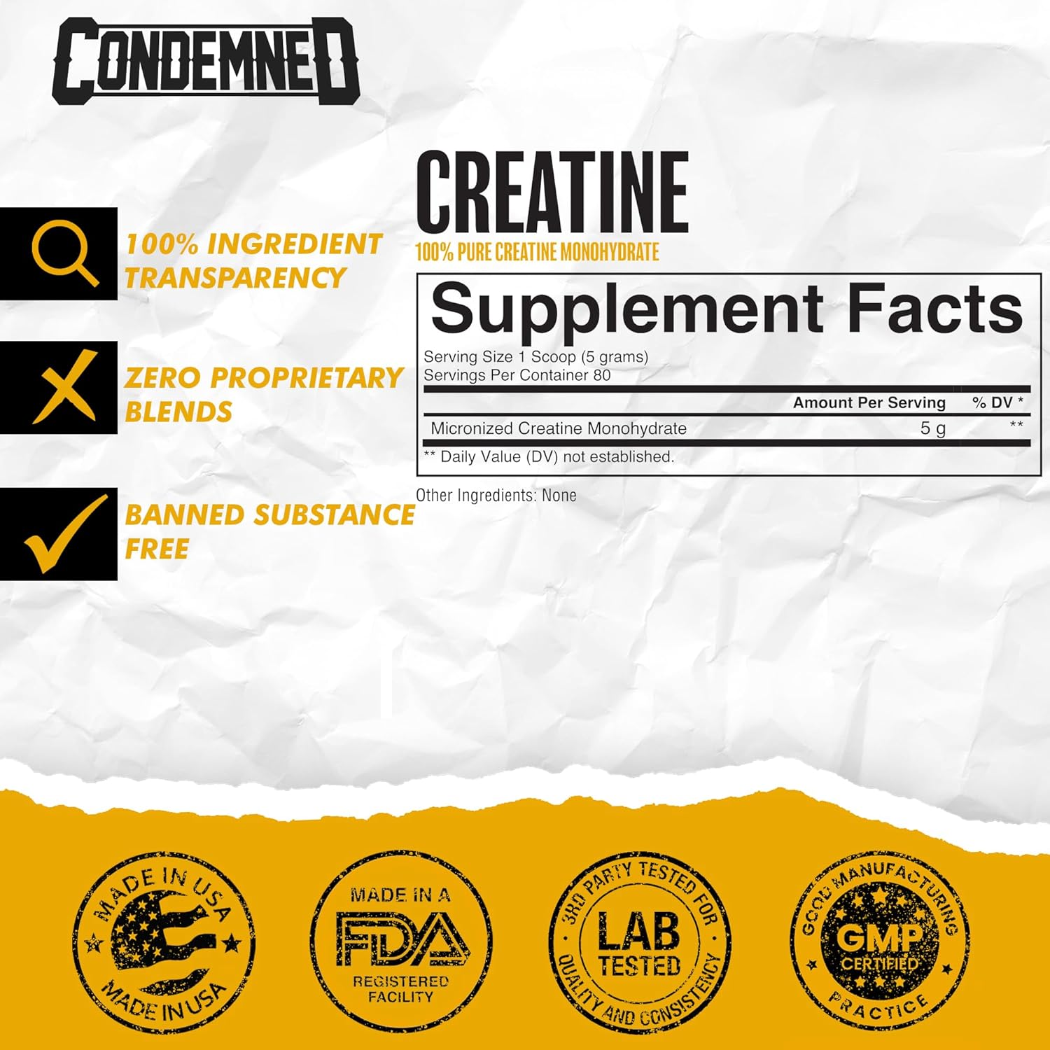 Condemned Labz Micronized Creatine Monohydrate - Pure, Fast-Absorbing Formula for Strength, Endurance, Recovery - 80 Servings, Keto-Friendly - Unflavored