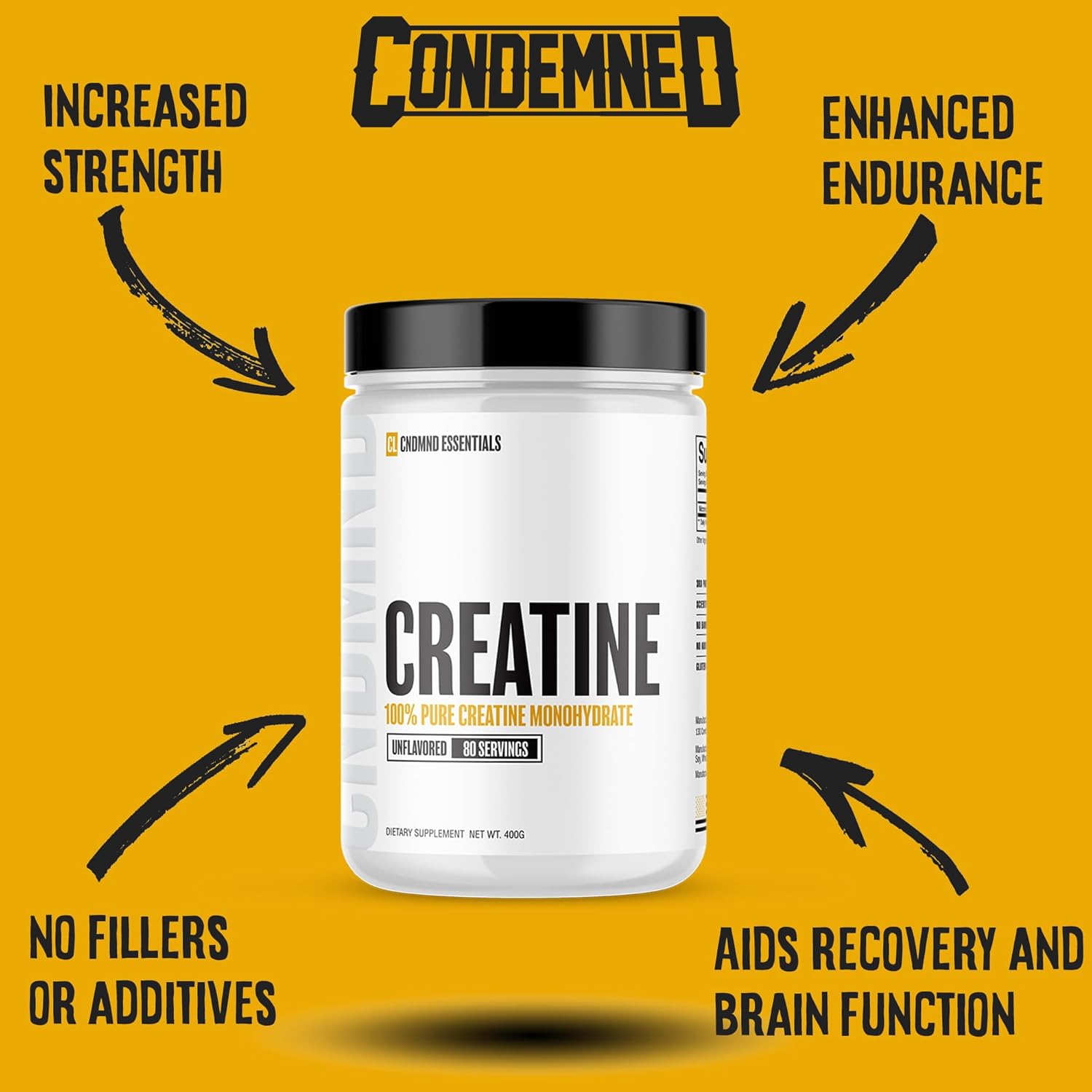 Condemned Labz Micronized Creatine Monohydrate - Pure, Fast-Absorbing Formula for Strength, Endurance, Recovery - 80 Servings, Keto-Friendly - Unflavored
