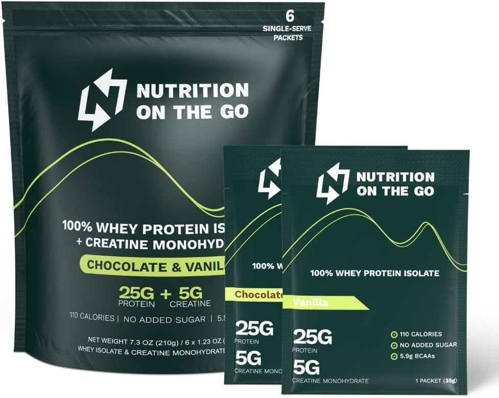 Convenient Single-Serve Whey Protein Powder Packets with Creatine - 25g Protein, 5g Creatine - Travel-Friendly, Gluten-Free, No Added Sugar - 6-Pack