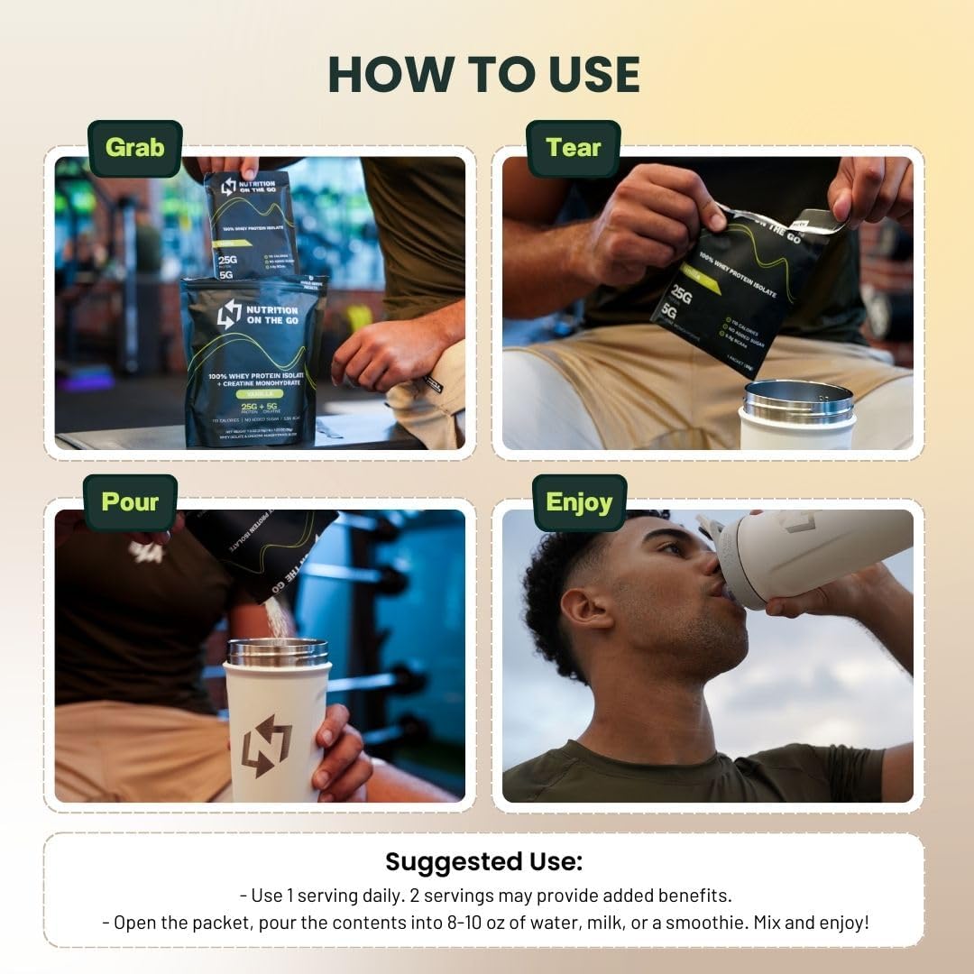 Convenient Single-Serve Whey Protein Powder Packets with Creatine - 25g Protein, 5g Creatine - Travel-Friendly, Gluten-Free, No Added Sugar - 6-Pack